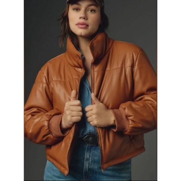 Anthropologie Jackets & Blazers - NWT Anthropologie Faux Leather Brown Puffer Jacket - Size XL